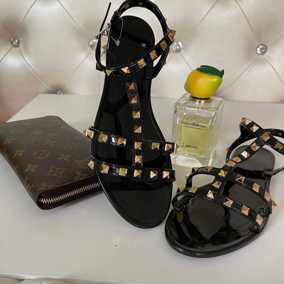 Olivia Miller Shoes - Olivia Miller black/gold studded black strappy PVC sandals